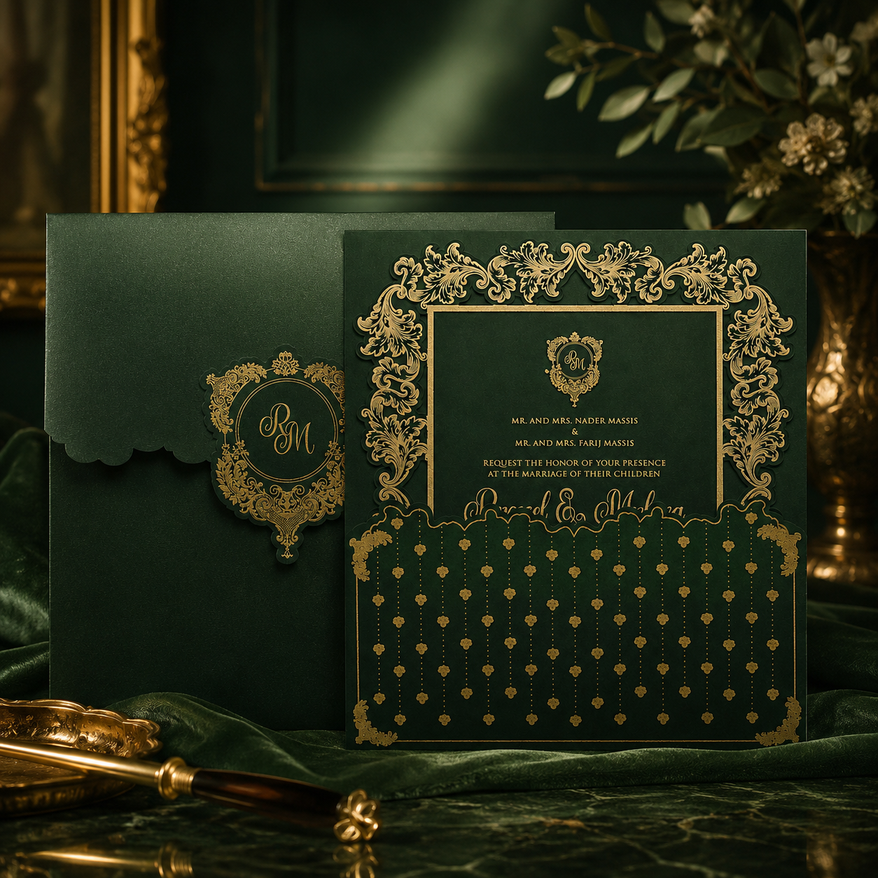 Green Baroque-Style Wedding Invitation