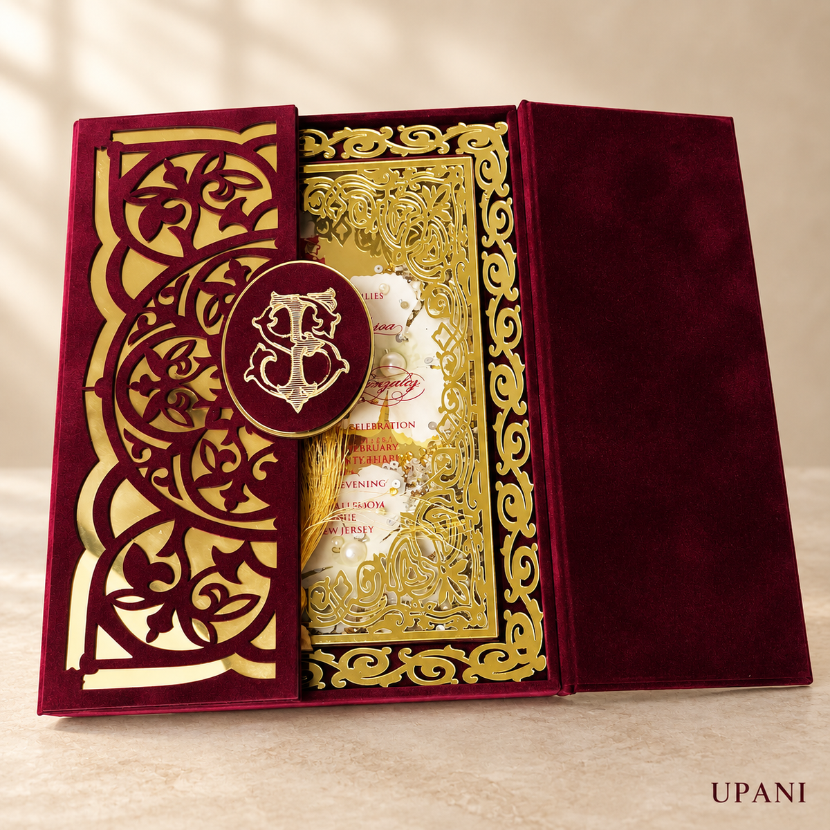 Burgundy Velvet Gatefold Wedding Invitation Box