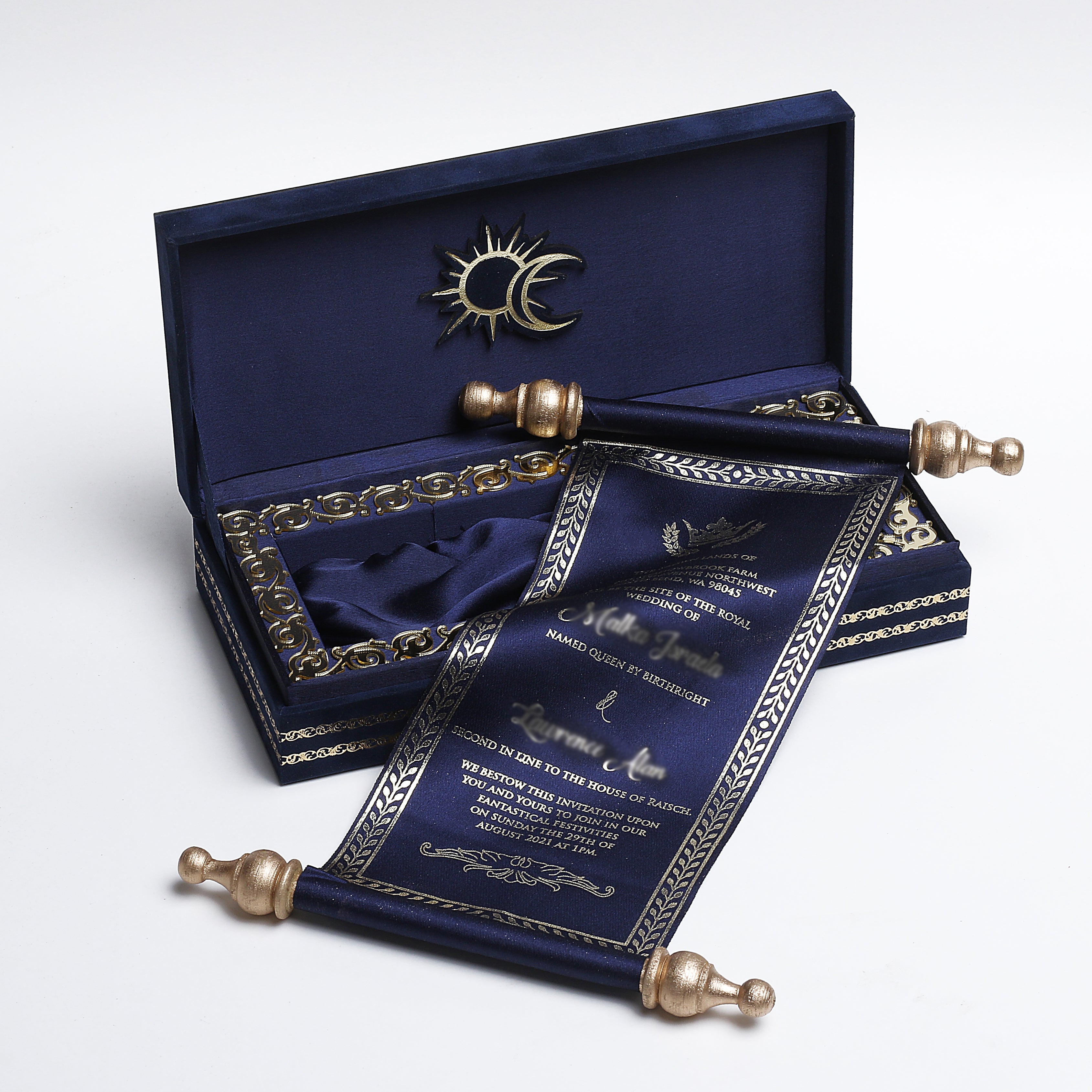 Regal Navy Blue Scroll Invitation Upani