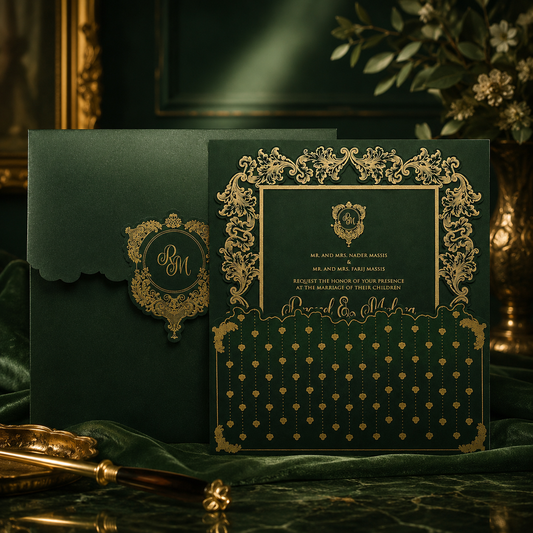 Green Baroque-Style Wedding Invitation
