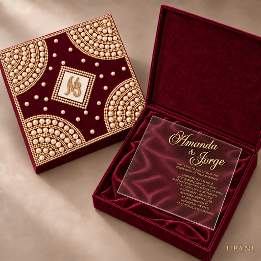 Burgundy Velvet Pearl Wedding Invitation Box