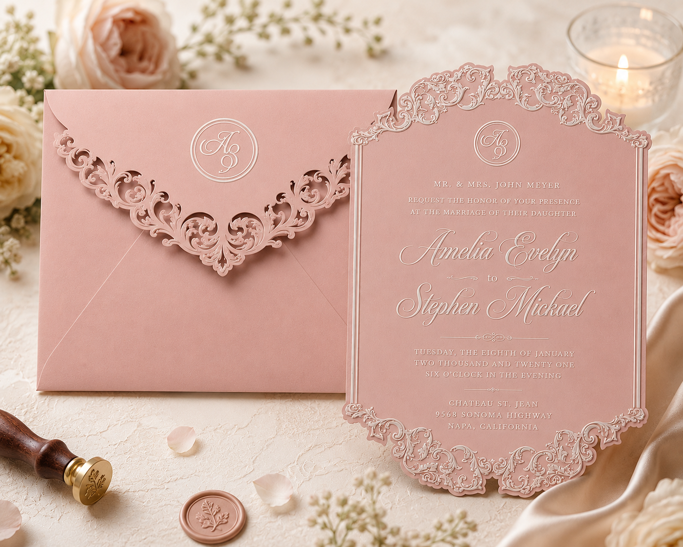 Blush Laser Cut Wedding Invitation