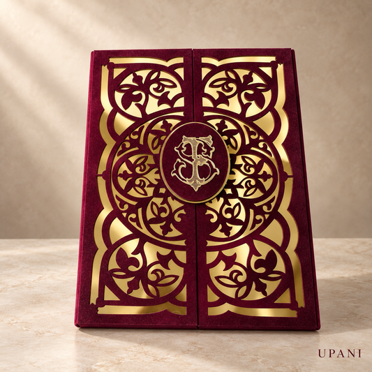 Burgundy Velvet Gatefold Wedding Invitation Box