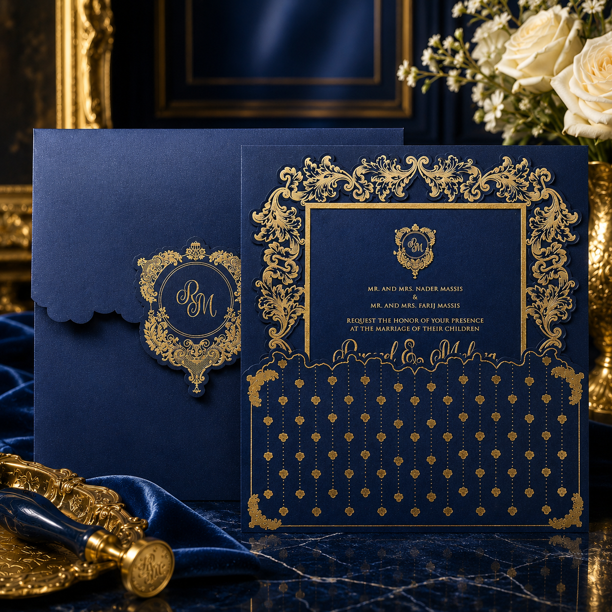 Navy Baroque-Style Wedding Invitation